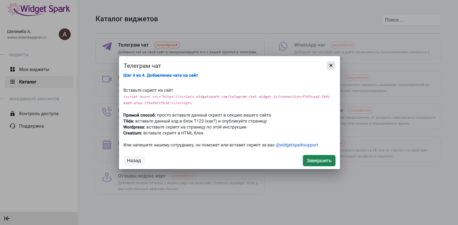 Получение скрипта для вставки сайт | WidgetSpark