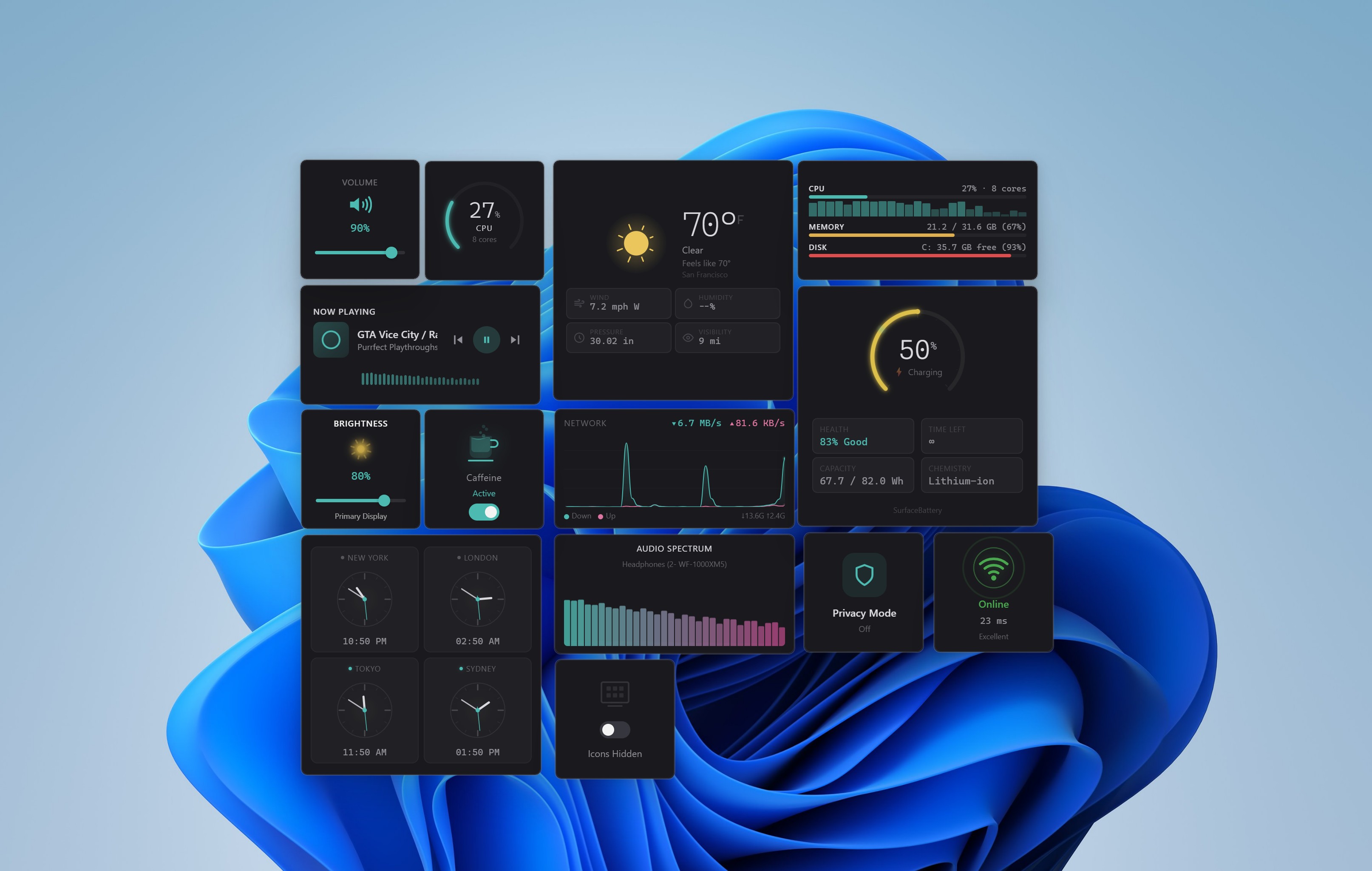 WidgetSpark desktop widgets on Windows 11 — weather, CPU monitor, music player, battery, clocks, and more