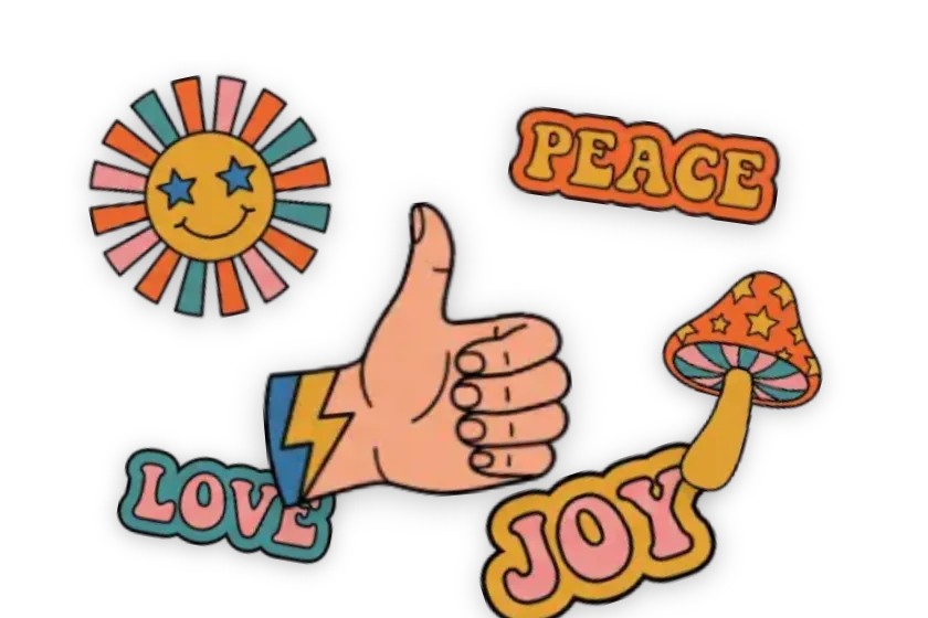 80s Peace stickers — Sunburst Smiley, Peace, Thumbs Up, Mushroom, Love, Joy