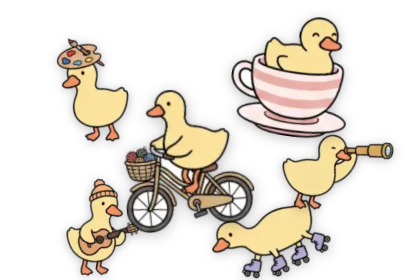 Adventure Duck stickers — Painter Duck, Teacup Duck, Cycling Duck, Telescope Duck, Guitar Duck, Roller Duck