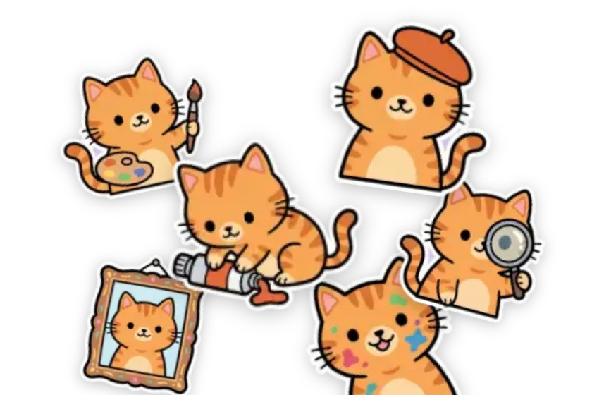 Arty Cat stickers — Painter Cat, Beret Cat, Paint Tube Cat, Magnifier Cat, Framed Cat, Messy Cat