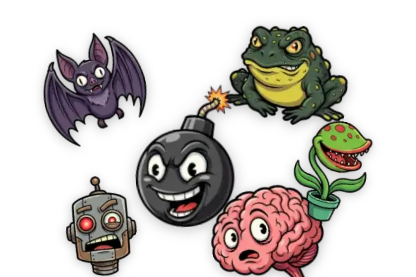 Creepy Mania stickers — Bat, Toad, Bomb, Man-Eating Plant, Robot Head, Brain