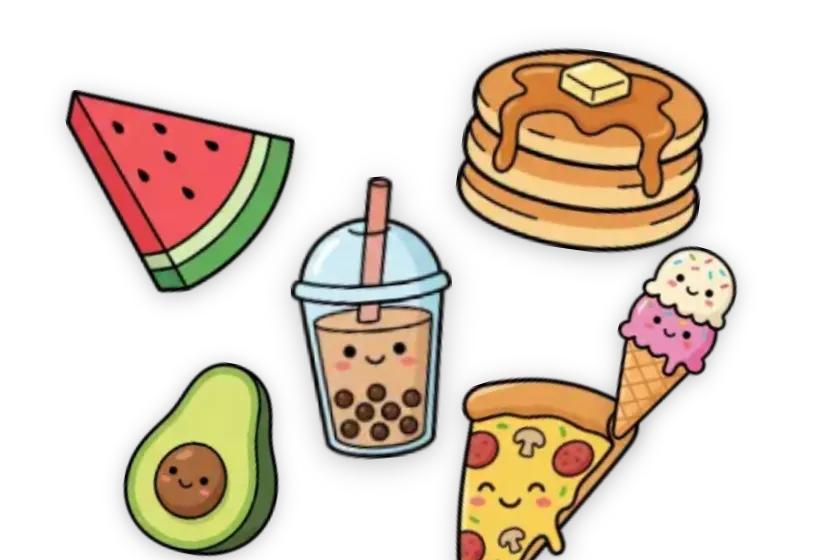 Food stickers — Watermelon Slice, Pancake Stack, Boba Tea, Ice Cream Cone, Avocado, Pizza Slice