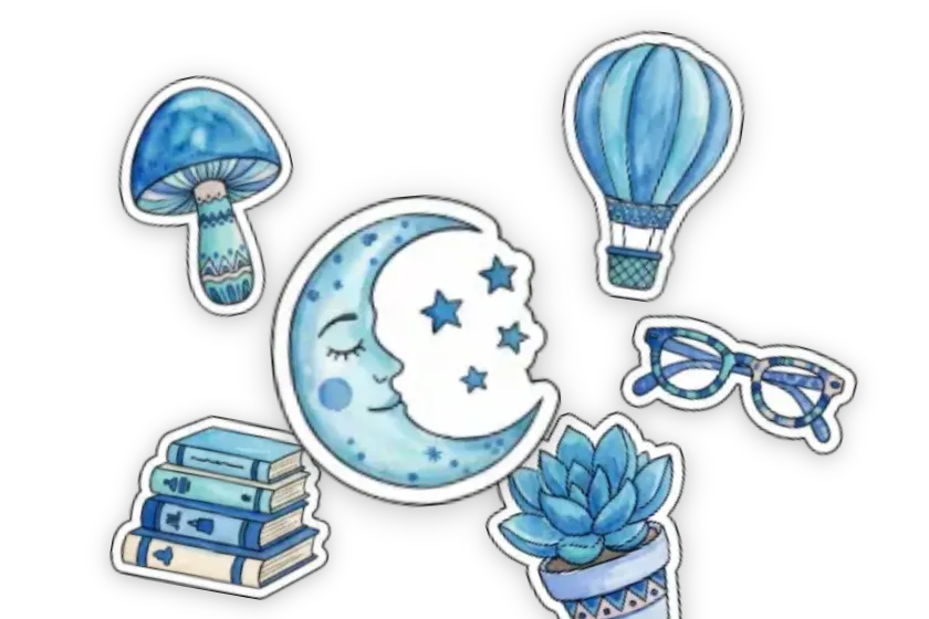 Frost stickers — Blue Mushroom, Hot Air Balloon, Crescent Moon, Reading Glasses, Book Stack, Succulent