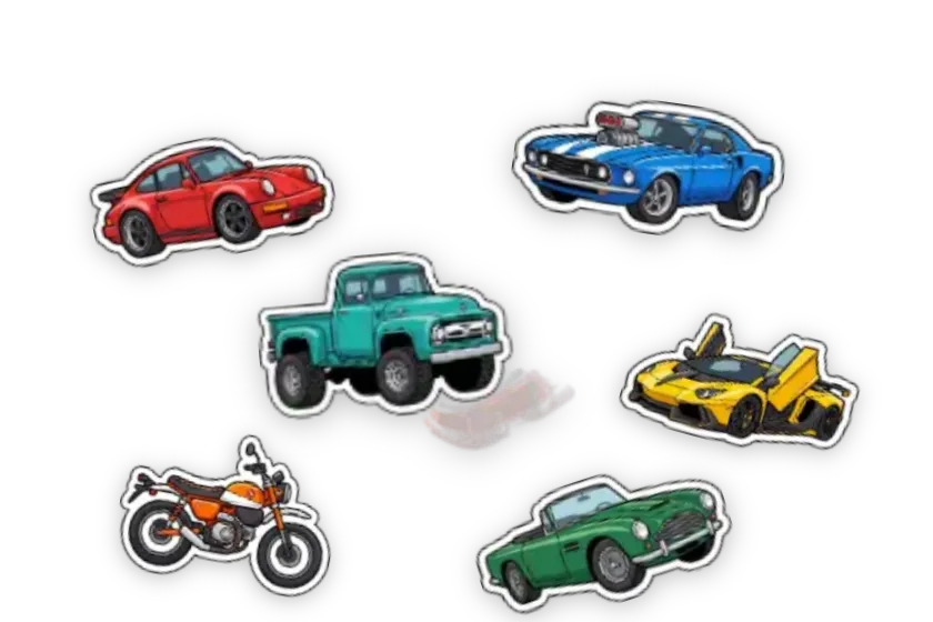 Lite Wheels stickers — Red Coupe, Blue Muscle Car, Teal Pickup, Yellow Supercar, Trail Motorcycle, Green Roadster