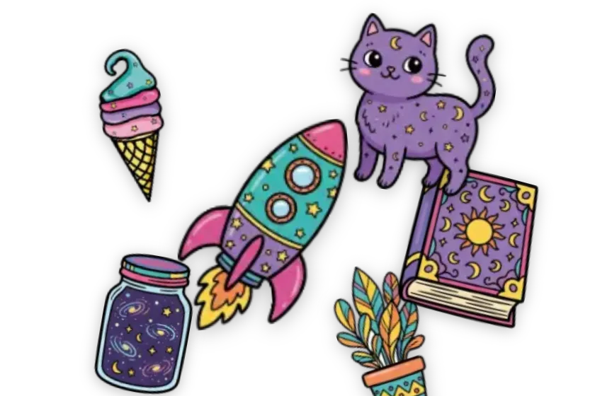 Magical stickers — Starry Cone, Celestial Cat, Rocket, Spell Book, Galaxy Jar, Feather Plant