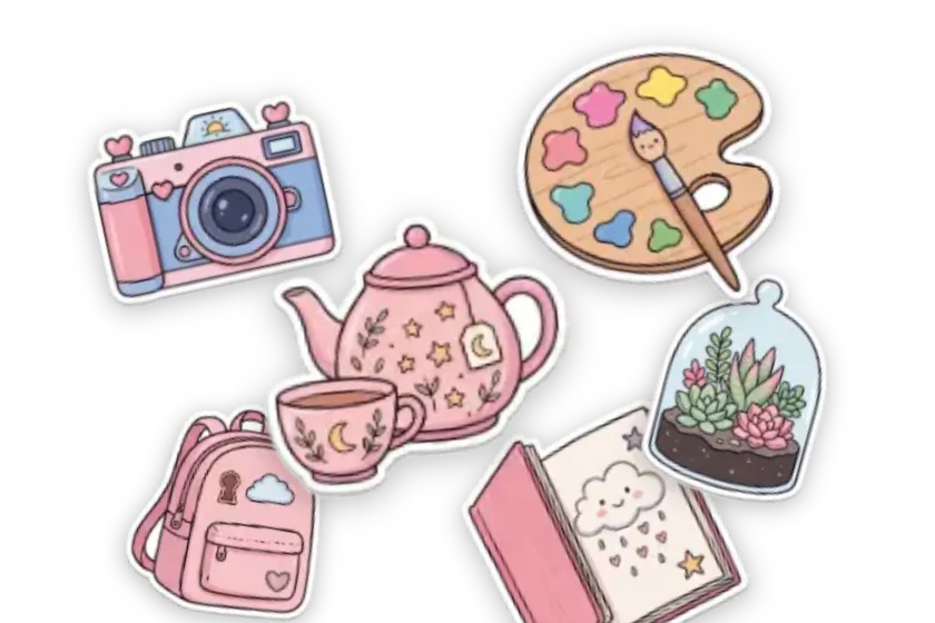 Cozy Studio stickers — Camera, Paint Palette, Teapot & Teacup, Terrarium, Backpack, Dream Journal